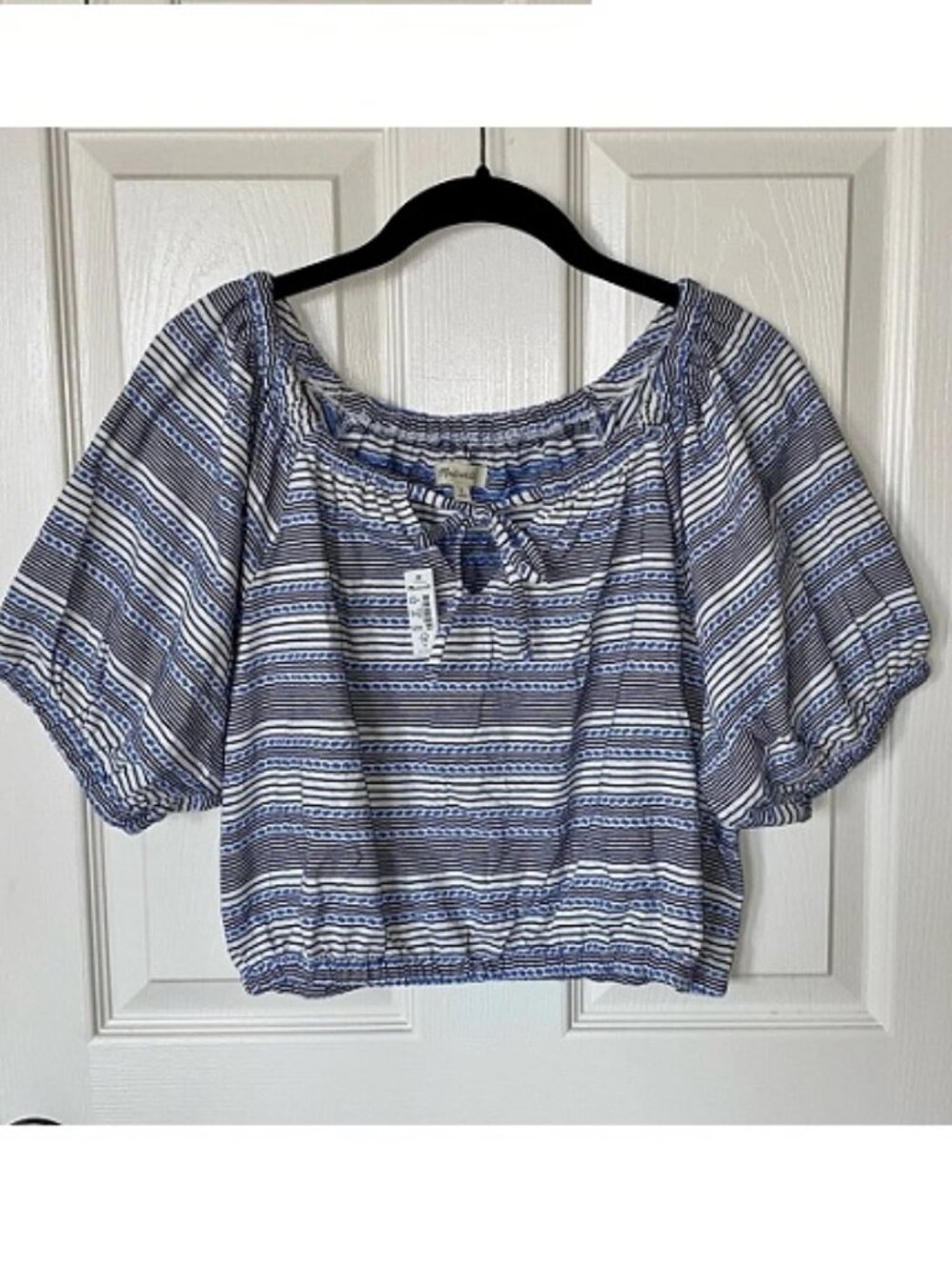 NEW Madewell Cotton Jacquard Striped Crop Top NWT M Puff Sleeve